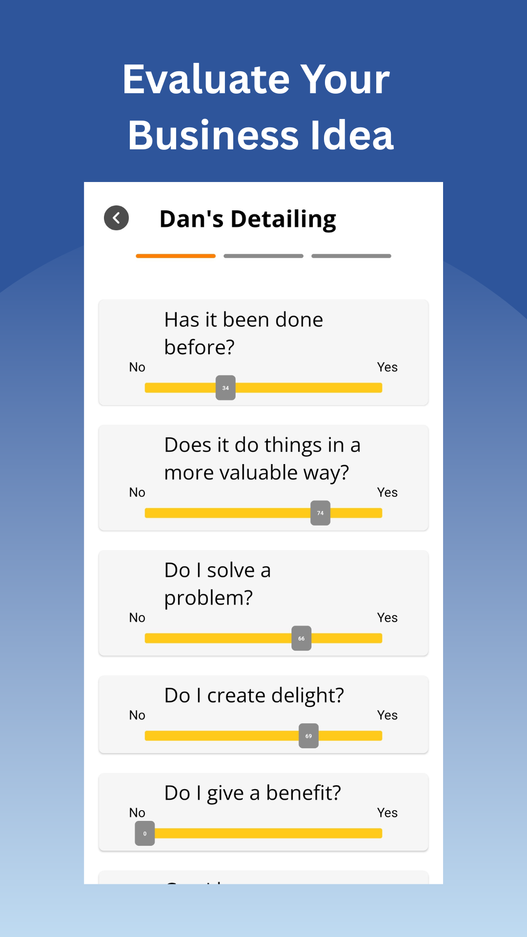 Business Idea Evaluation Screen